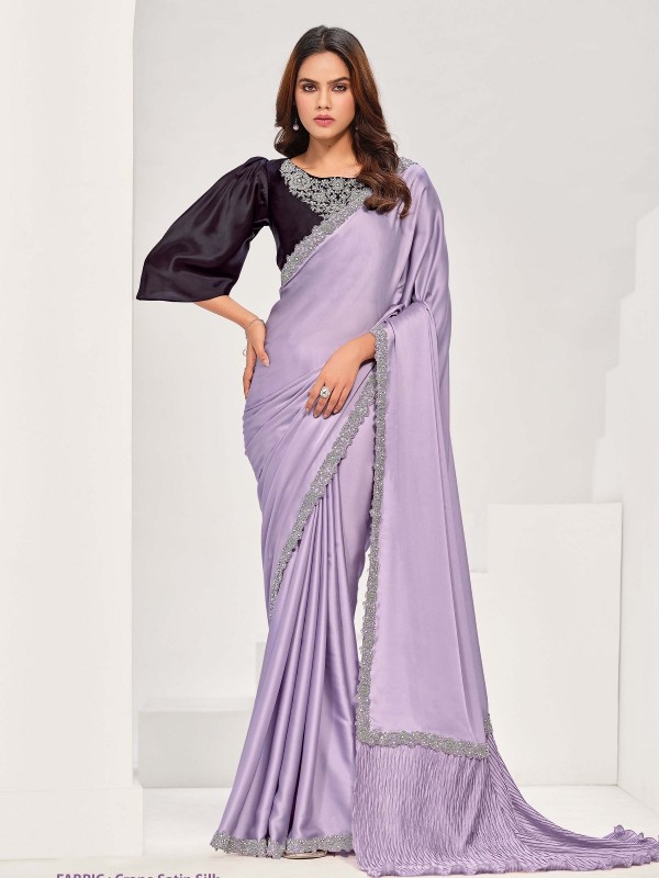 Lavender Plum Crepe Satin Silk Saree